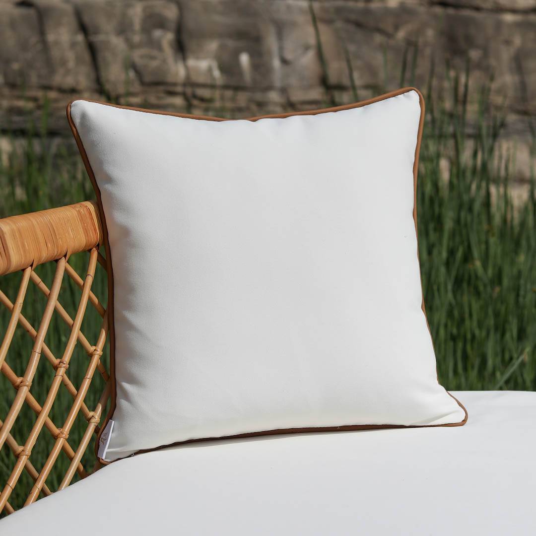 Baja White Canvas Pillow w Faux Leather Trim Cush Living