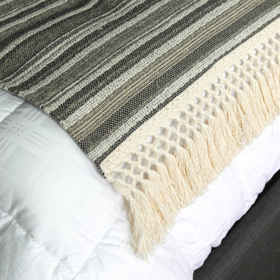 MALTA Gray Textured Stripe Bed Runner w/ Fancy Trim