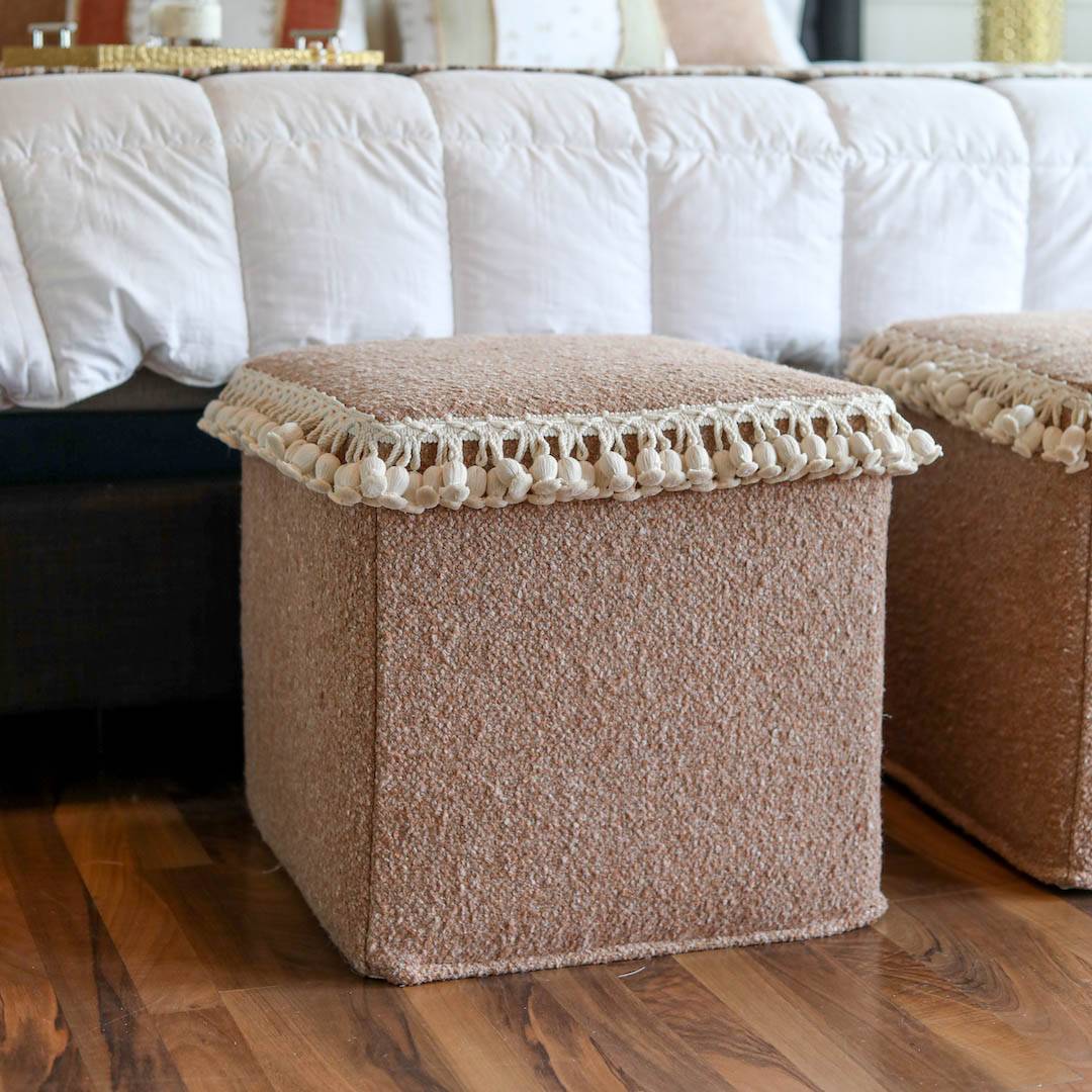 SEDONA Blush Boucle with Bell Tassels Pouf/Ottoman