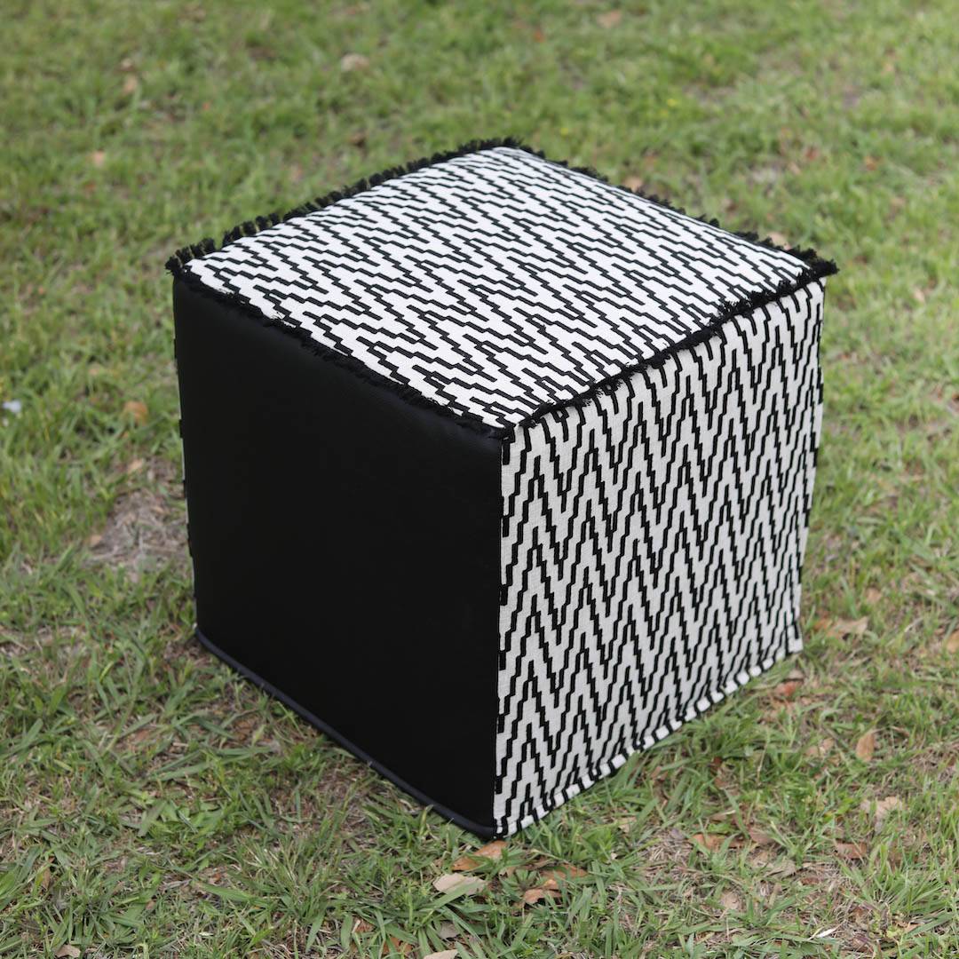 TULUM Indoor | Outdoor Black Geometric Side Table/Pouf with Eyelash Trim